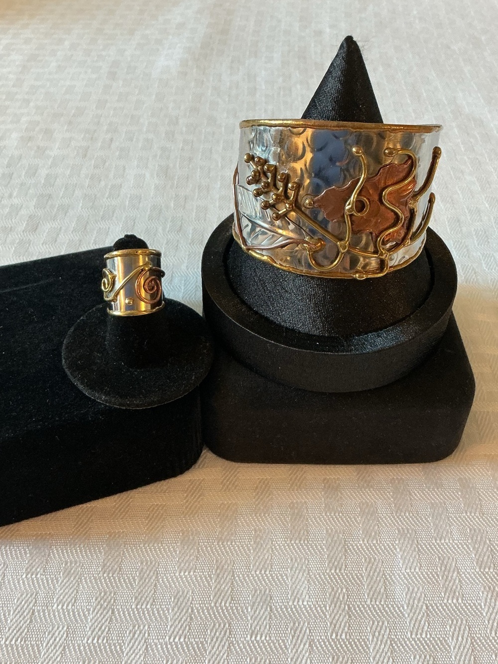 Grapevine Cuff Artisan Silver and Copper Tone Adjustable Cuff and Ring Set